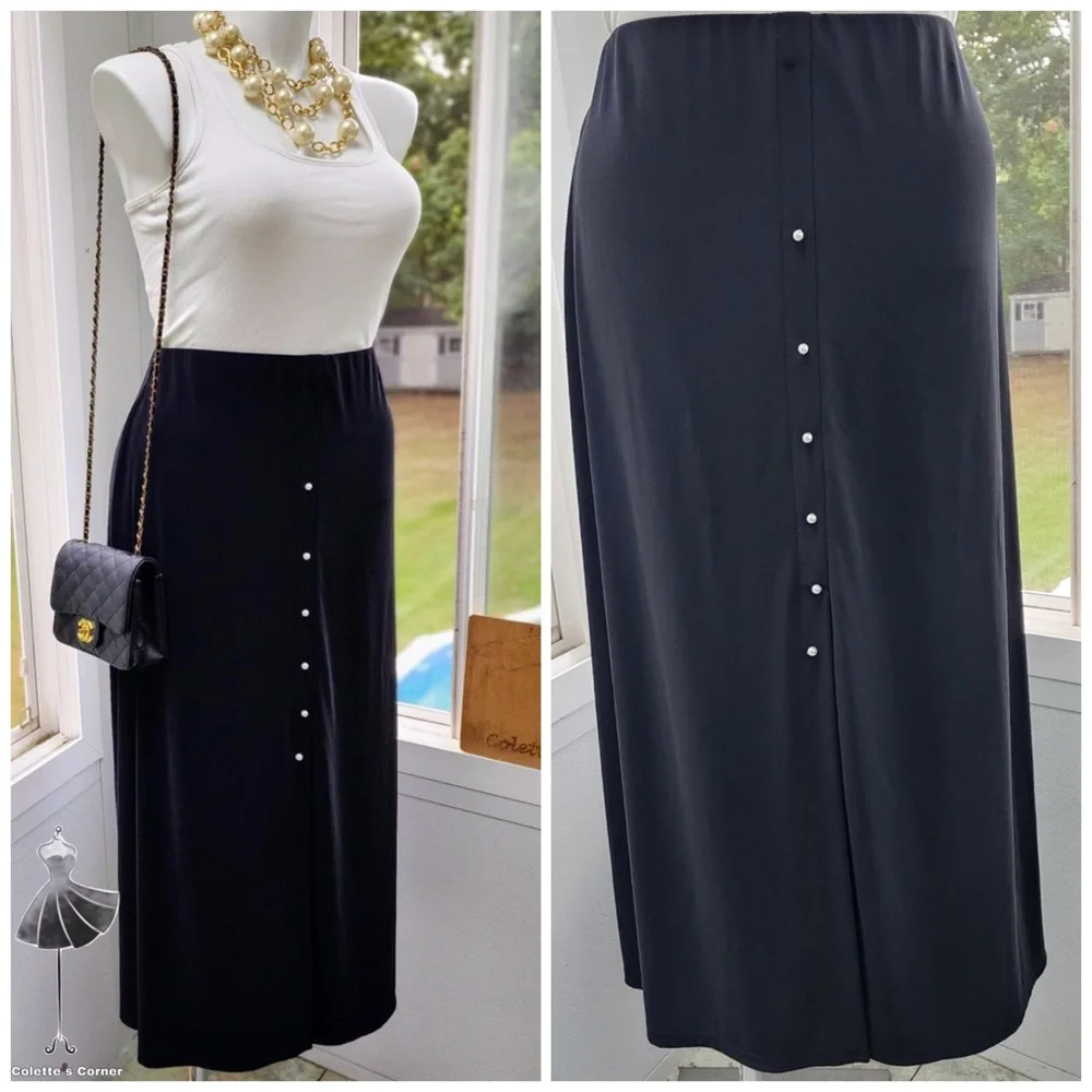 Black Pearl Front Stretch Jersey Maxi Skirt W/ High Slit - Picture 1 of 3
